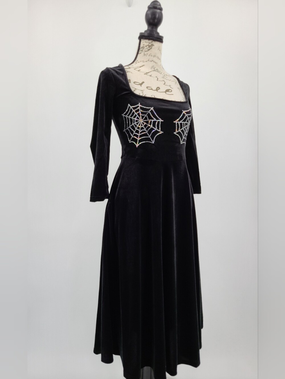 Unique Vintage Black Velvet Dress with Rhinestone Spiderweb Detail Size Small